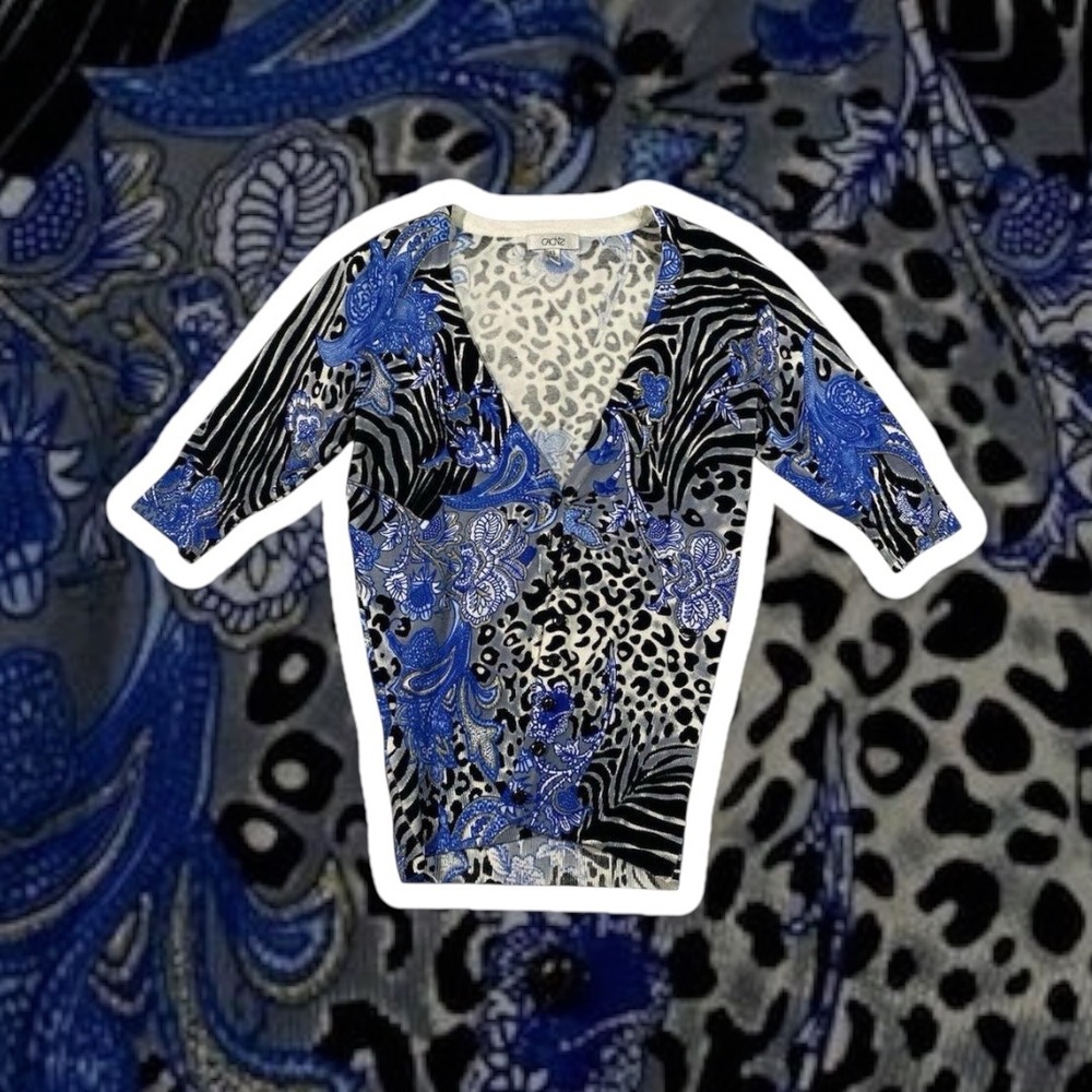 Y2K Cache XS Animal Print‎ Fitted V Cardigan Blue Black Zebra Leopard Paisley